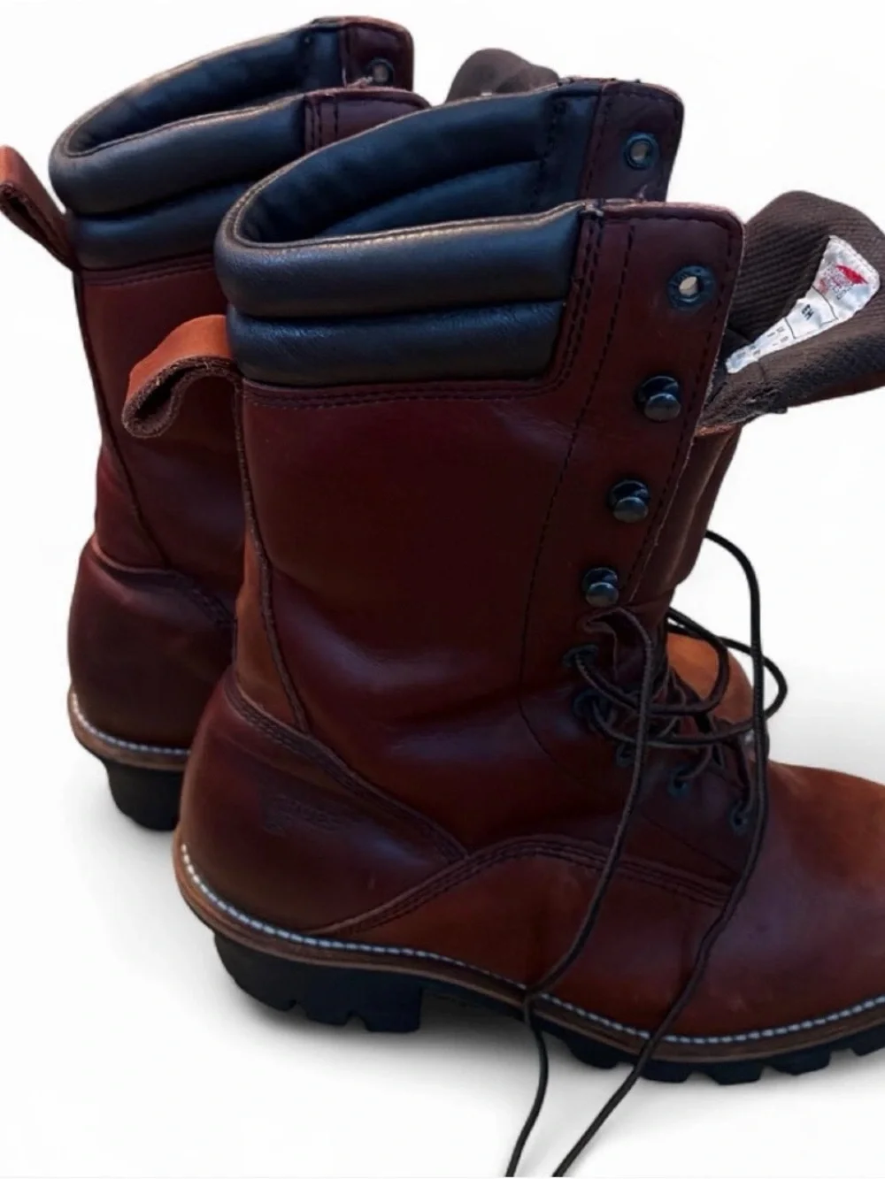Red Wing Shoes Chestnut Brown Leather Lace-Up Work Boots with Black Collar mens